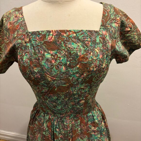 Vintage 50s printed cotton short sleeve fit and flare dress - Picture 4 of 7